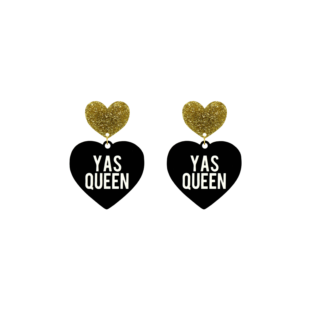 haus of dizzy black heart-shaped earrings with 'YAS QUEEN' text in white and gold glittery hearts tops size small