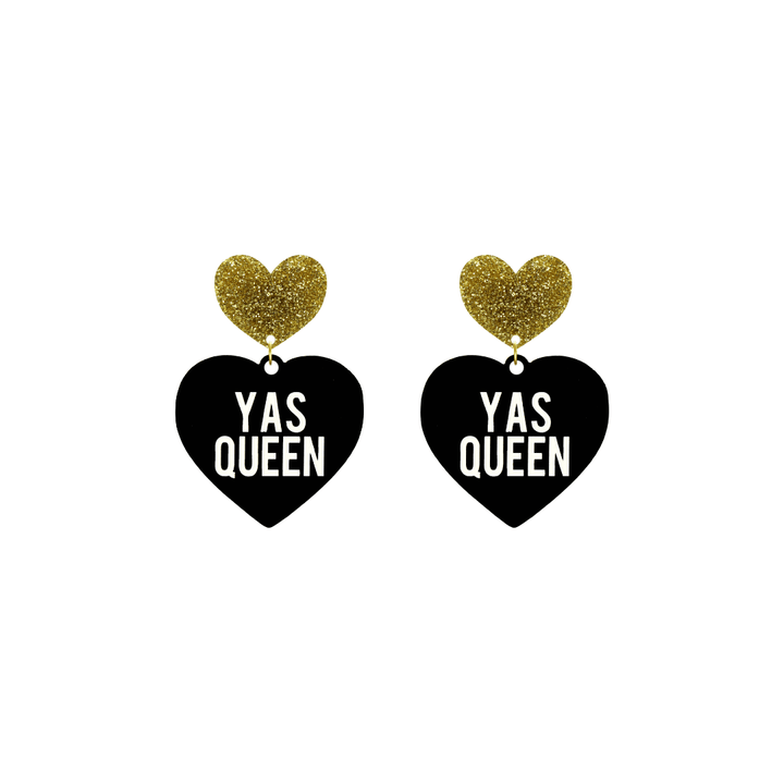 haus of dizzy black heart-shaped earrings with 'YAS QUEEN' text in white and gold glittery hearts tops size small