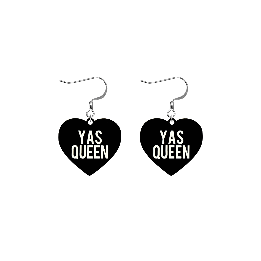 haus of dizzy black heart-shaped earrings with 'YAS QUEEN' text in white with silver hooks no heart tops size small