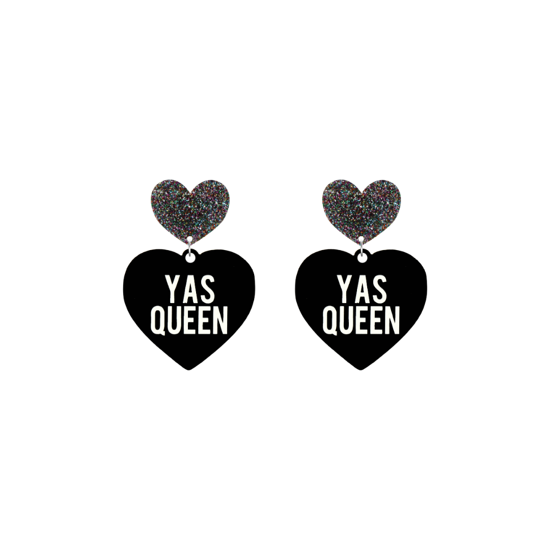 haus of dizzy black heart-shaped earrings with 'YAS QUEEN' text in white and multi coloured glittery hearts tops size small