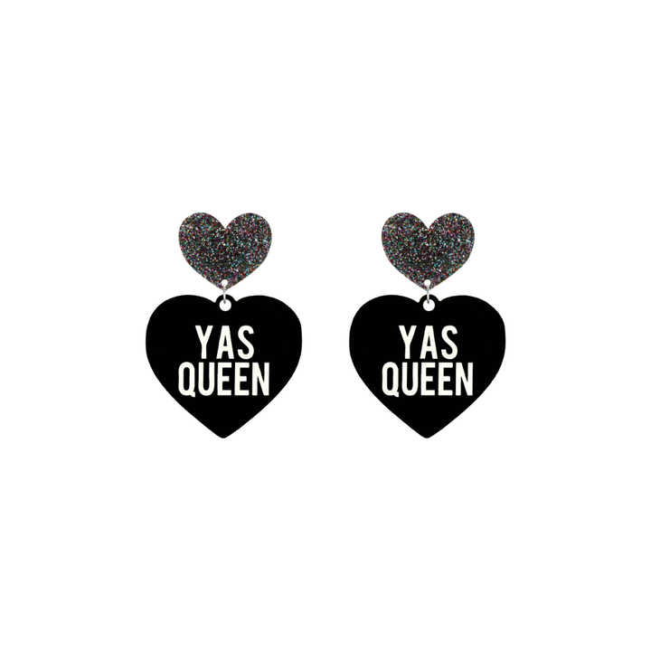 haus of dizzy black heart-shaped earrings with 'YAS QUEEN' text in white and multi coloured glittery hearts tops size small
