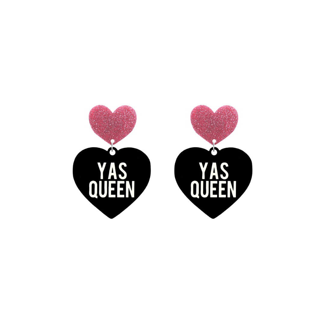 haus of dizzy black heart-shaped earrings with 'YAS QUEEN' text in white and pink glittery hearts tops size small
