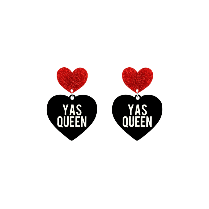 haus of dizzy black heart-shaped earrings with 'YAS QUEEN' text in white and red glittery hearts tops size small