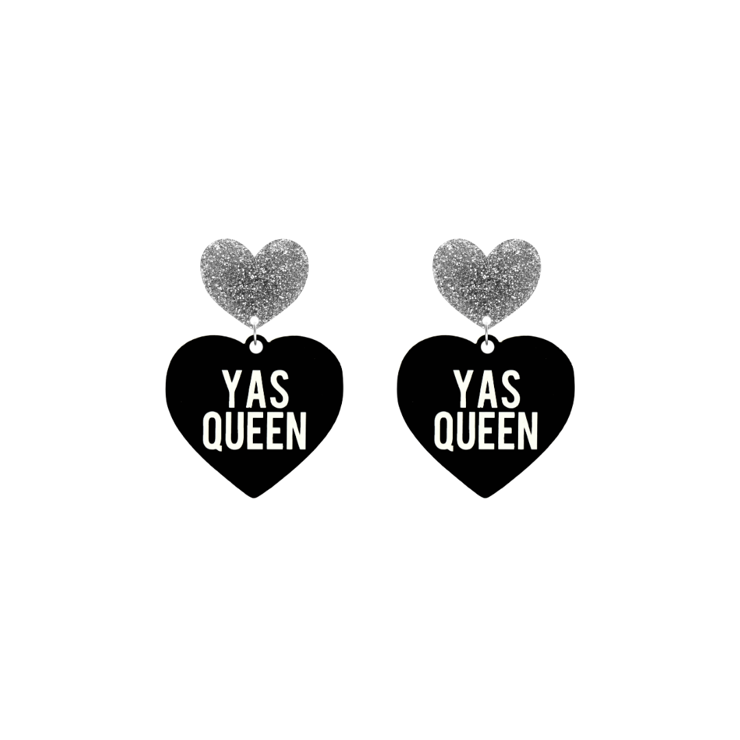 haus of dizzy black heart-shaped earrings with 'YAS QUEEN' text in white and silver glittery hearts tops size small