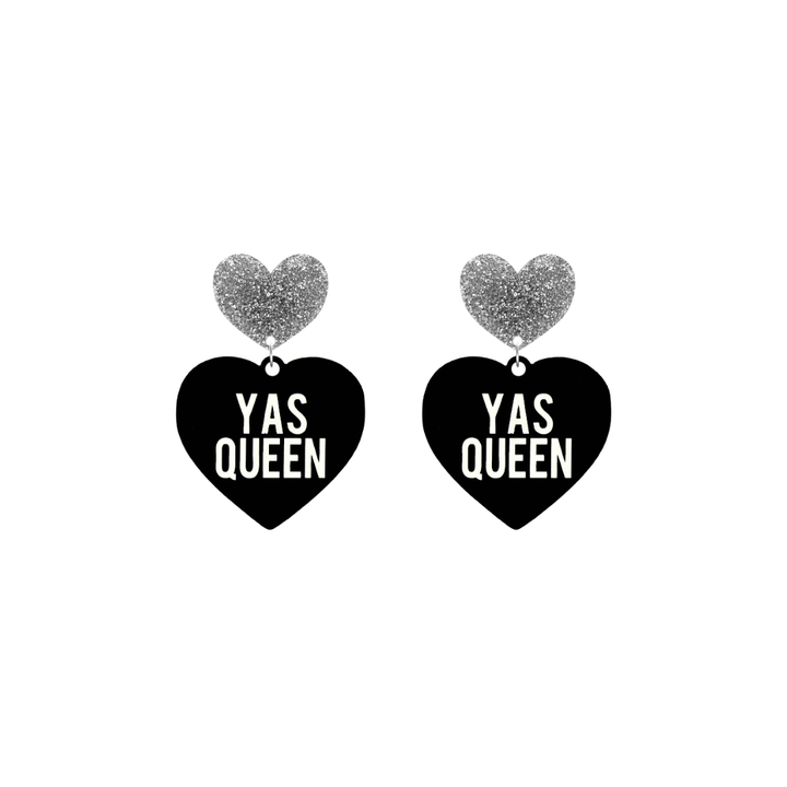 haus of dizzy black heart-shaped earrings with 'YAS QUEEN' text in white and silver glittery hearts tops size small