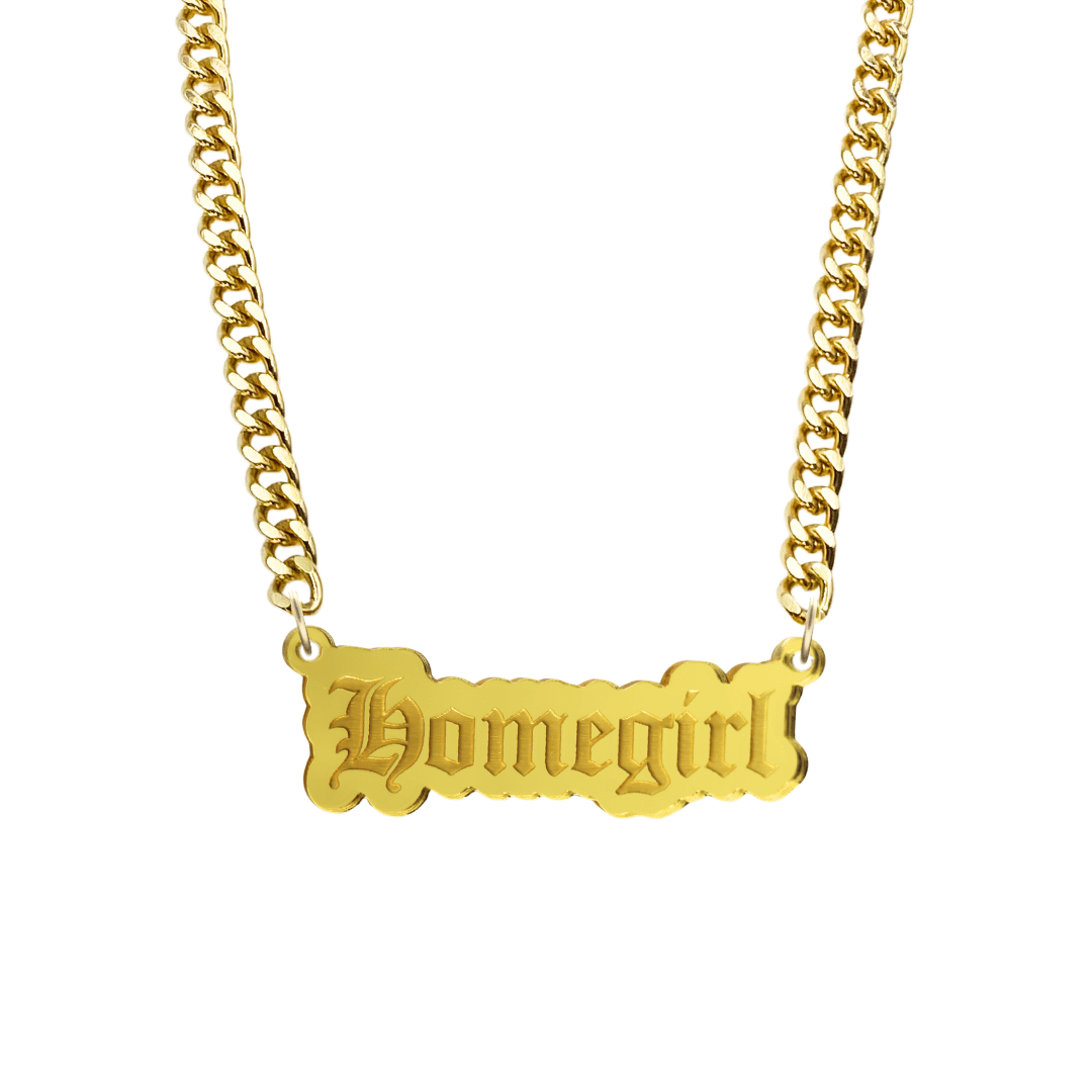 haus of dizzy gold necklace with 'homegirl' acrylic pendant size large