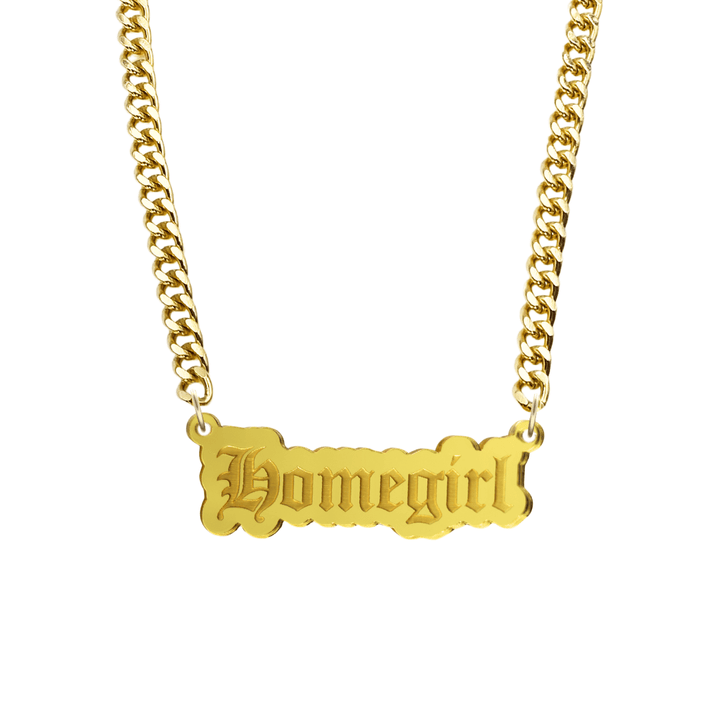 haus of dizzy gold necklace with 'homegirl' acrylic pendant size large