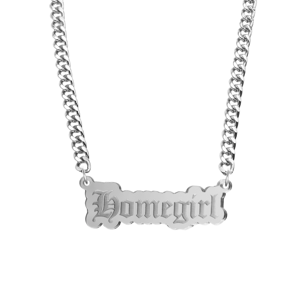 haus of dizzy silver necklace with 'homegirl' acrylic pendant size large