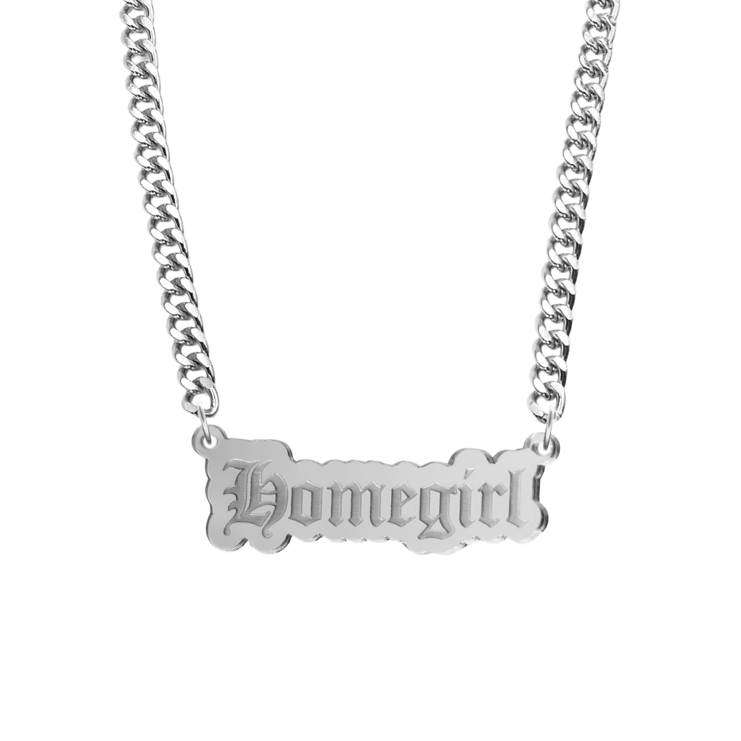 haus of dizzy silver necklace with 'homegirl' acrylic pendant size large