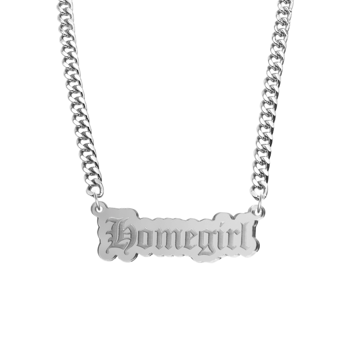 haus of dizzy silver necklace with 'homegirl' acrylic pendant size large