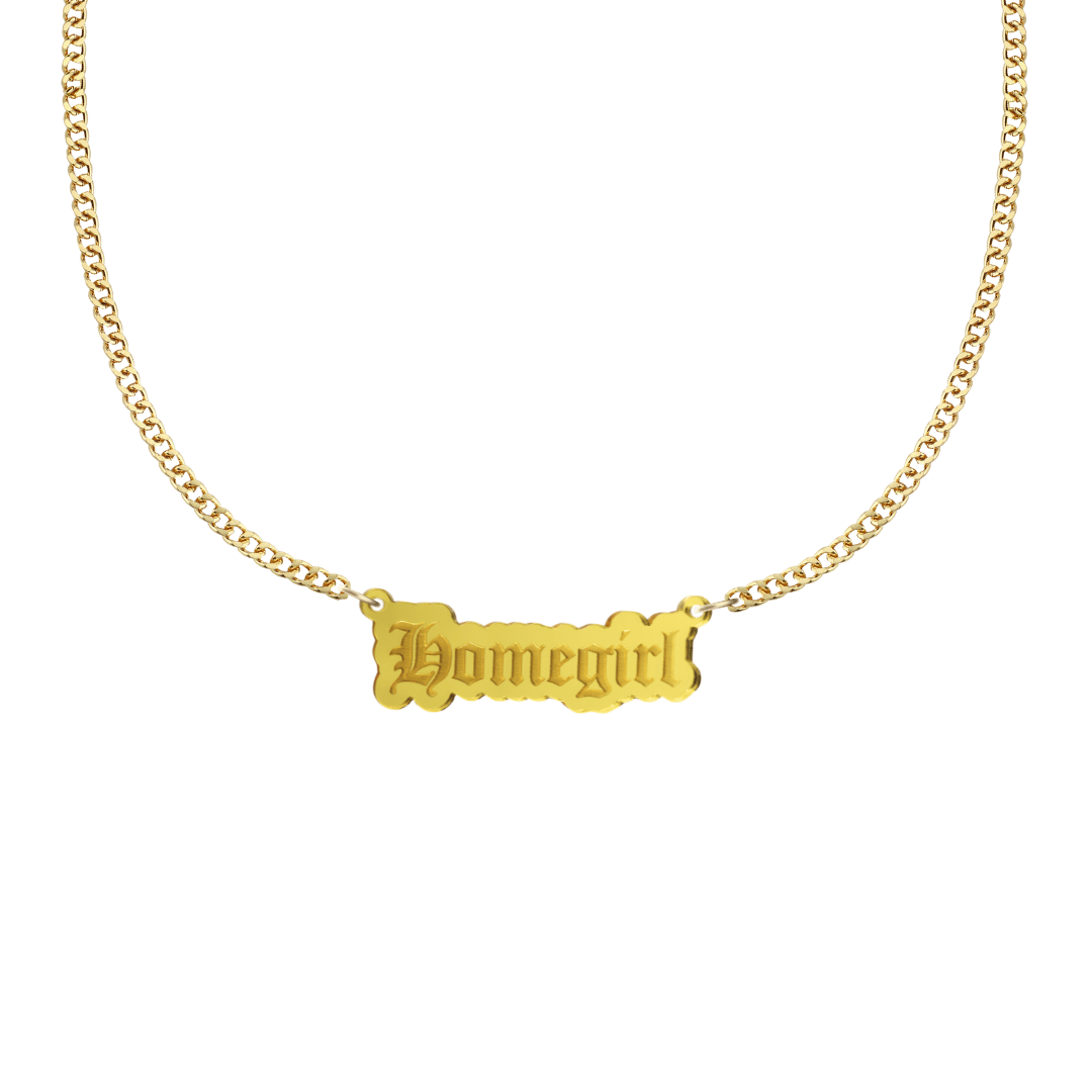 haus of dizzy gold necklace with 'homegirl' acrylic pendant size small