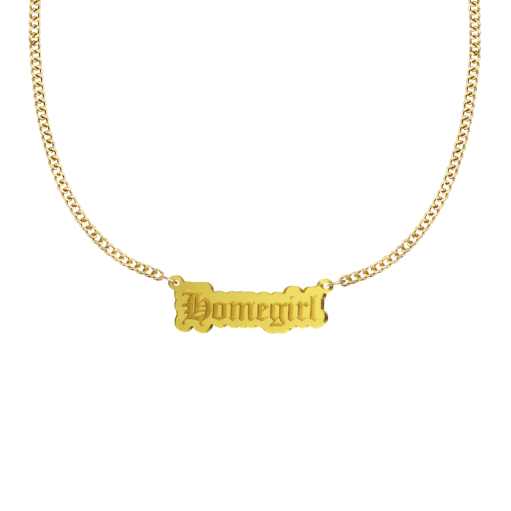 haus of dizzy gold necklace with 'homegirl' acrylic pendant size small