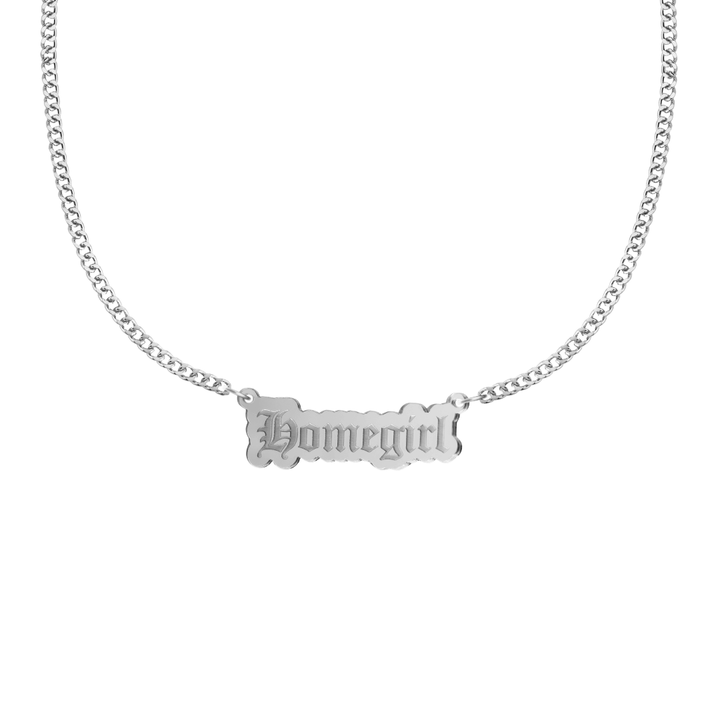 haus of dizzy silver necklace with 'homegirl' acrylic pendant size small