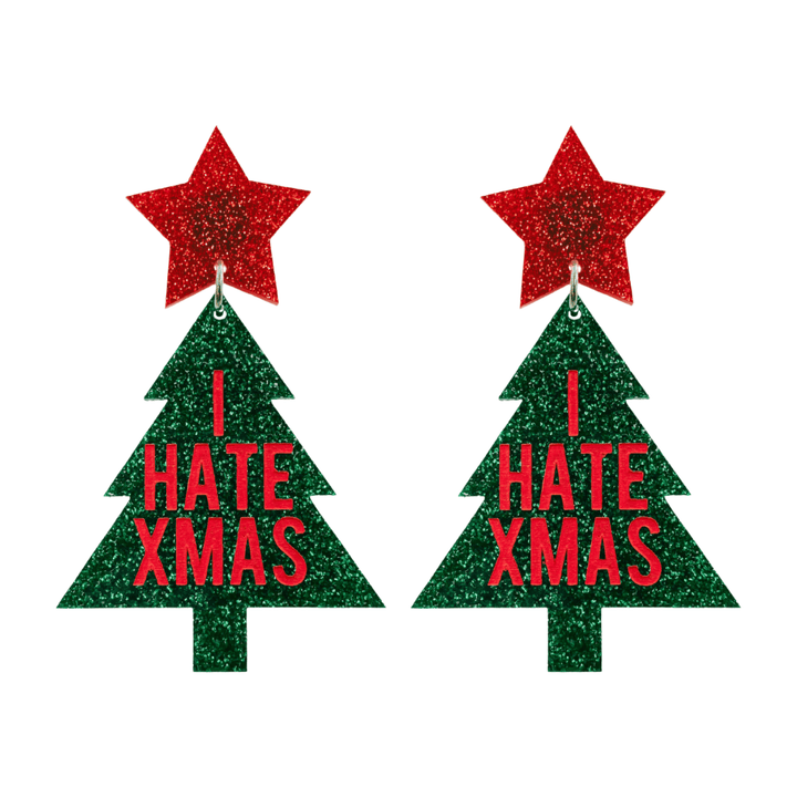 haus of dizzy green glitter Christmas tree earrings with red 'I HATE XMAS' text and red glitter stars tops size large