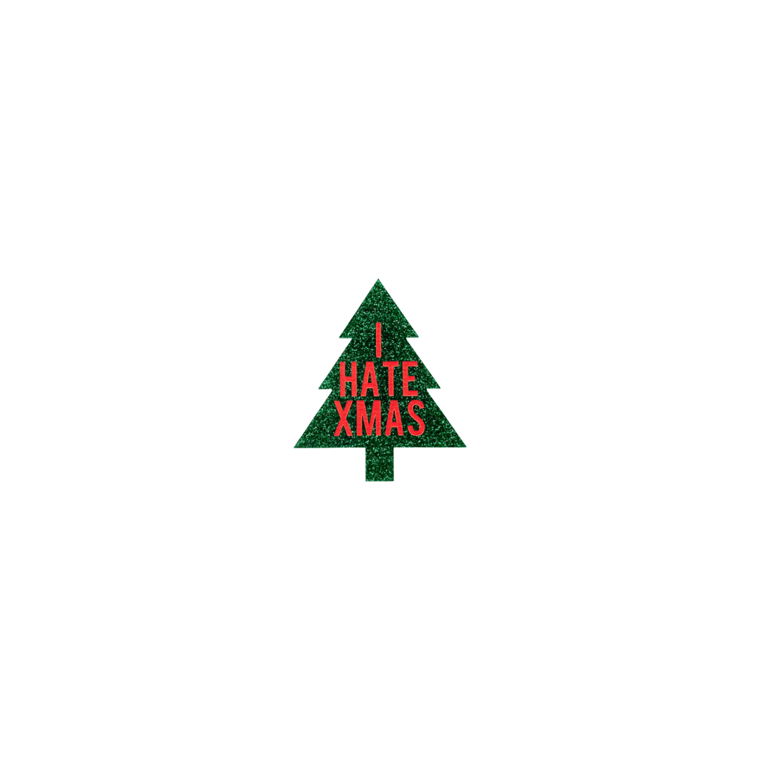 haus of dizzy green glitter christmas tree pin/badge with 'I HATE XMAS' red text size small
