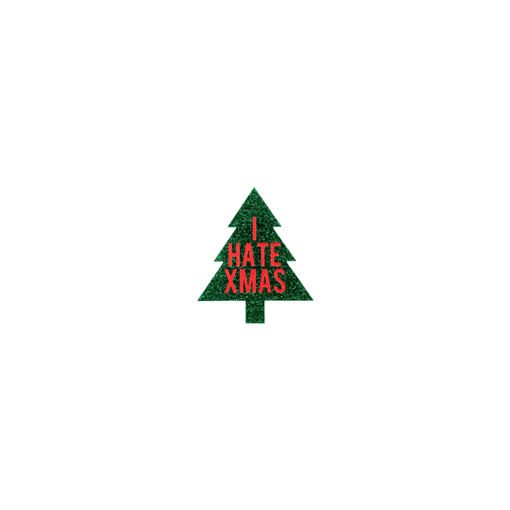 haus of dizzy green glitter christmas tree pin/badge with 'I HATE XMAS' red text size small