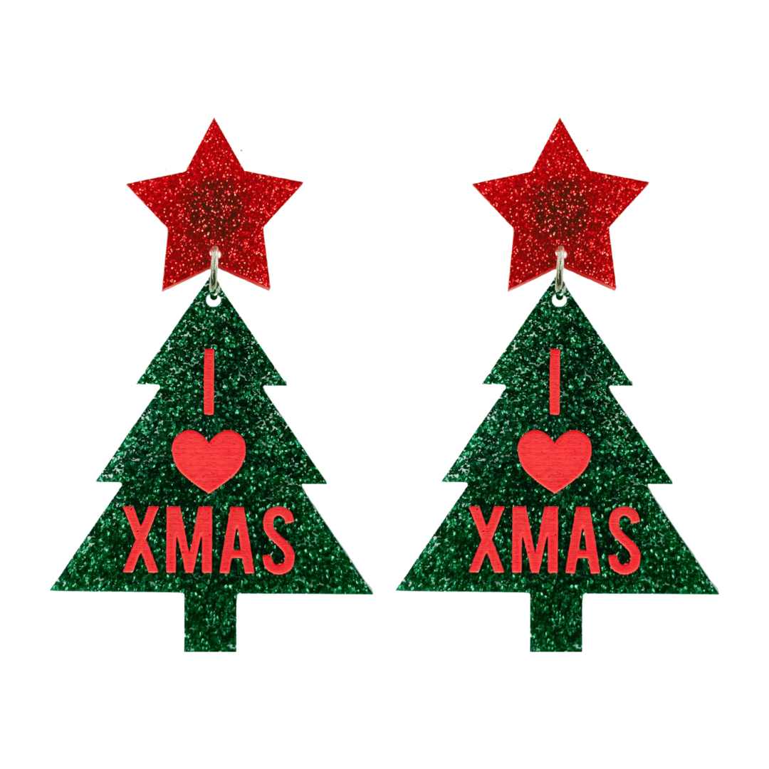 haus of dizzy green glitter Christmas tree earrings with red 'I LOVE XMAS' text and red glitter stars tops size large