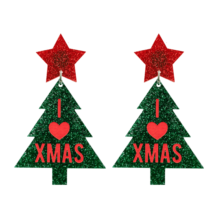 haus of dizzy green glitter Christmas tree earrings with red 'I LOVE XMAS' text and red glitter stars tops size large