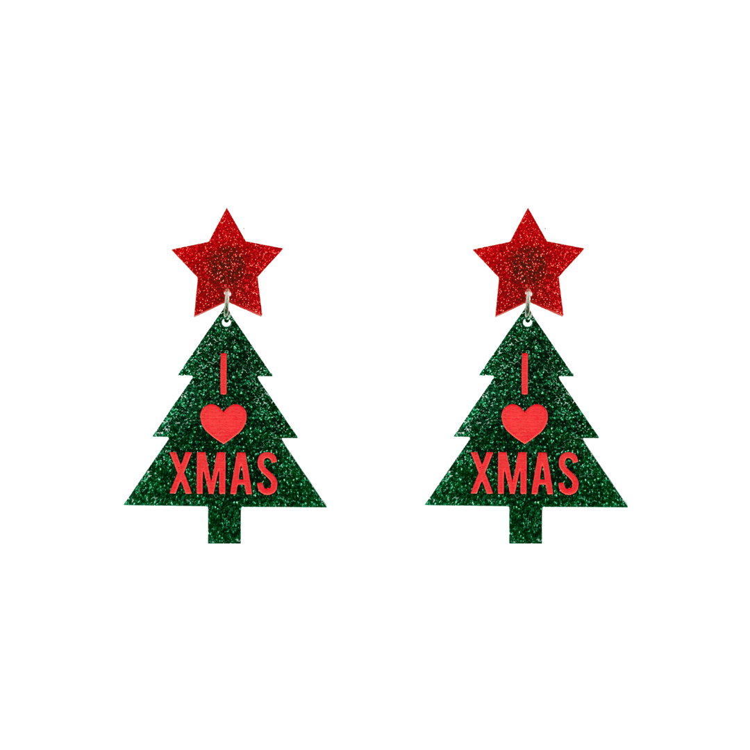 haus of dizzy green glitter Christmas tree earrings with red 'I LOVE XMAS' text and red glitter stars tops size small