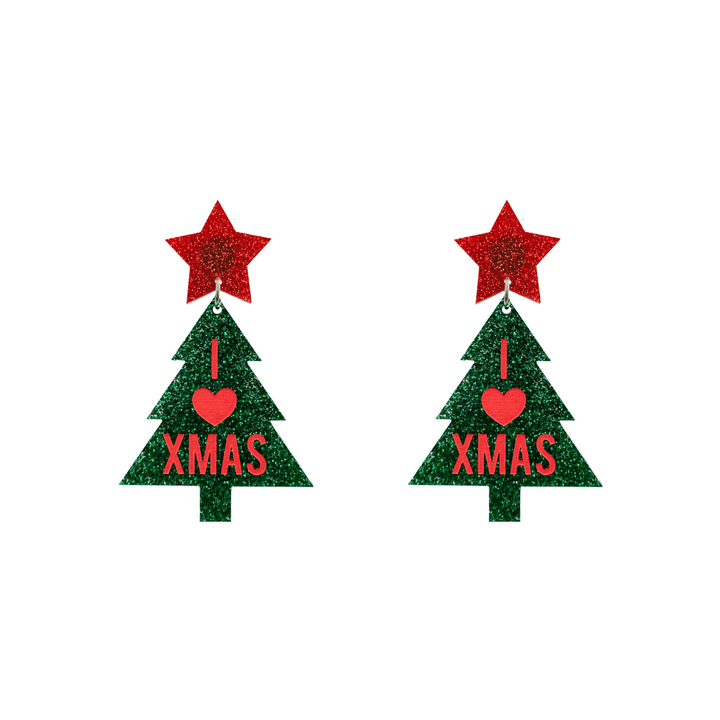haus of dizzy green glitter Christmas tree earrings with red 'I LOVE XMAS' text and red glitter stars tops size small