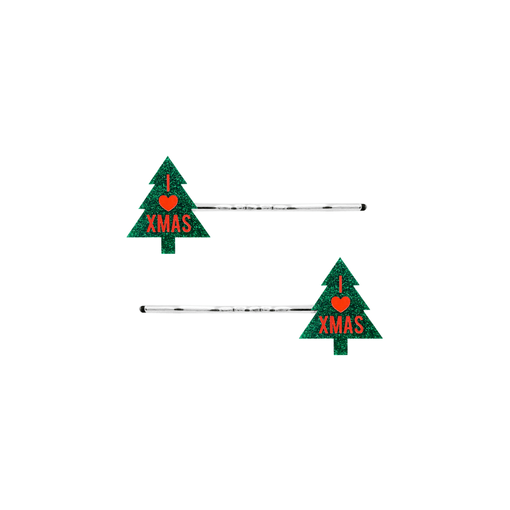 haus of dizzy two green Christmas tree-shaped acrylic pieces with 'I ❤️ XMAS' in red text on silver hair pins