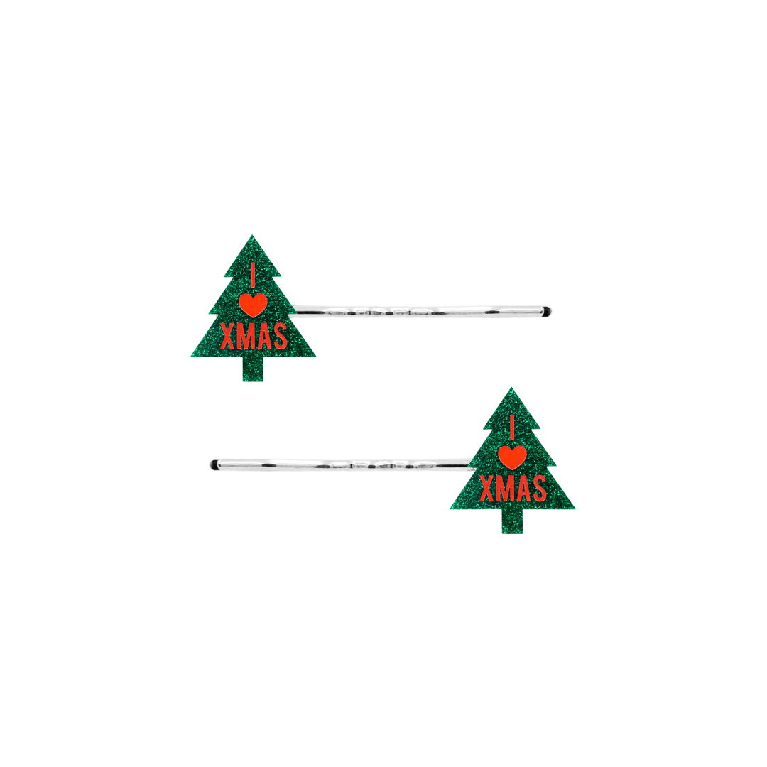 haus of dizzy two green Christmas tree-shaped acrylic pieces with 'I ❤️ XMAS' in red text on silver hair pins