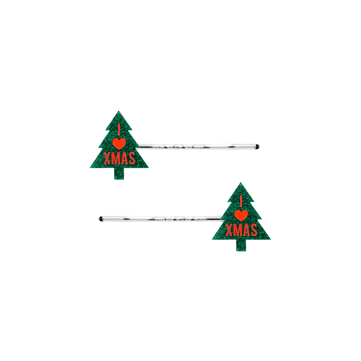 haus of dizzy two green Christmas tree-shaped acrylic pieces with 'I ❤️ XMAS' in red text on silver hair pins