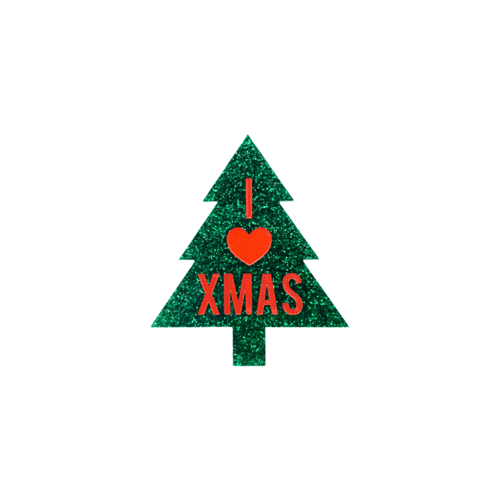 haus of dizzy green glitter christmas tree pin/badge with 'I LOVE XMAS' red text size large