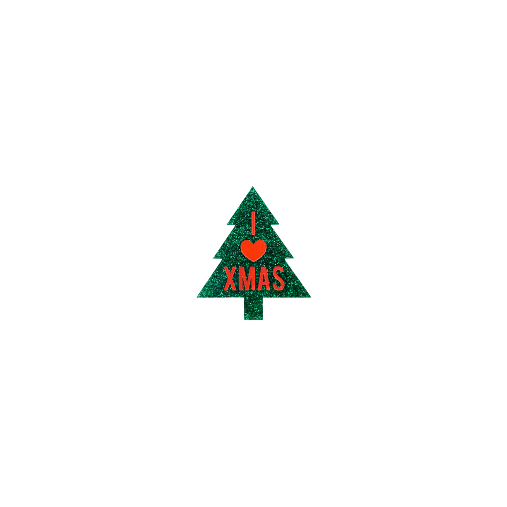 haus of dizzy green glitter christmas tree pin/badge with 'I LOVE XMAS' red text size small