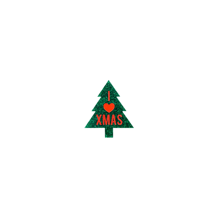 haus of dizzy green glitter christmas tree pin/badge with 'I LOVE XMAS' red text size small
