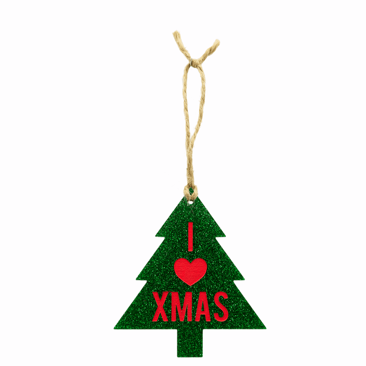 haus of dizzy green glitter Christmas tree-shaped ornament with red 'I ❤️ XMAS' text hung on twine one size