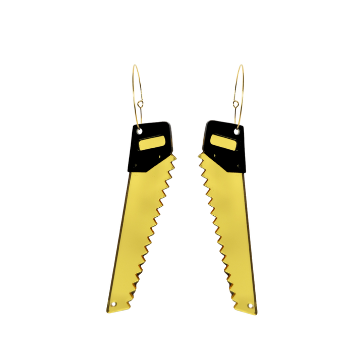 Haus of dizzy saw shaped earrings with black handles and gold blades on a white background