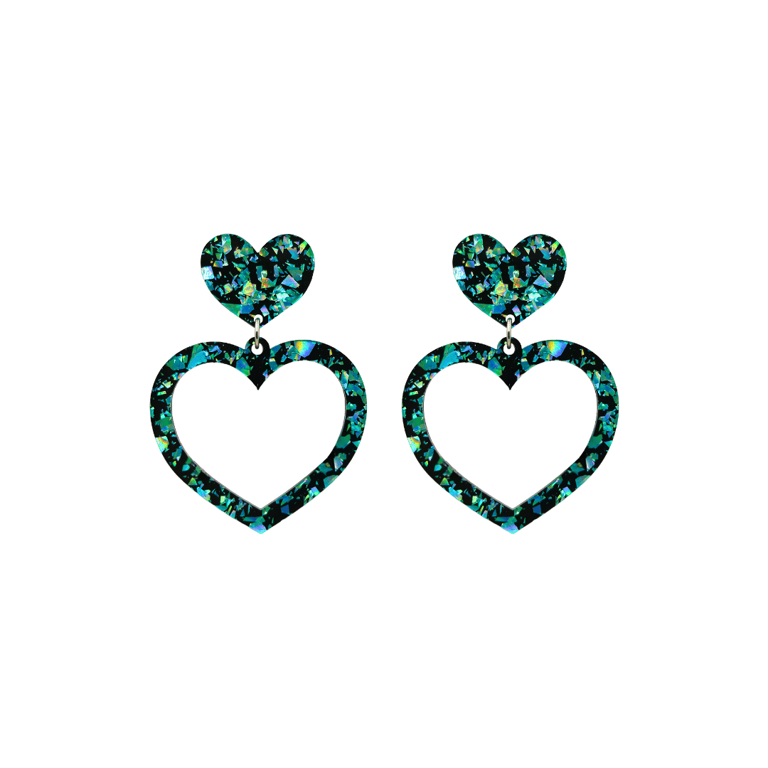 haus of dizzy signature barbie heart design with green reflective chunky glitter speckled design size small