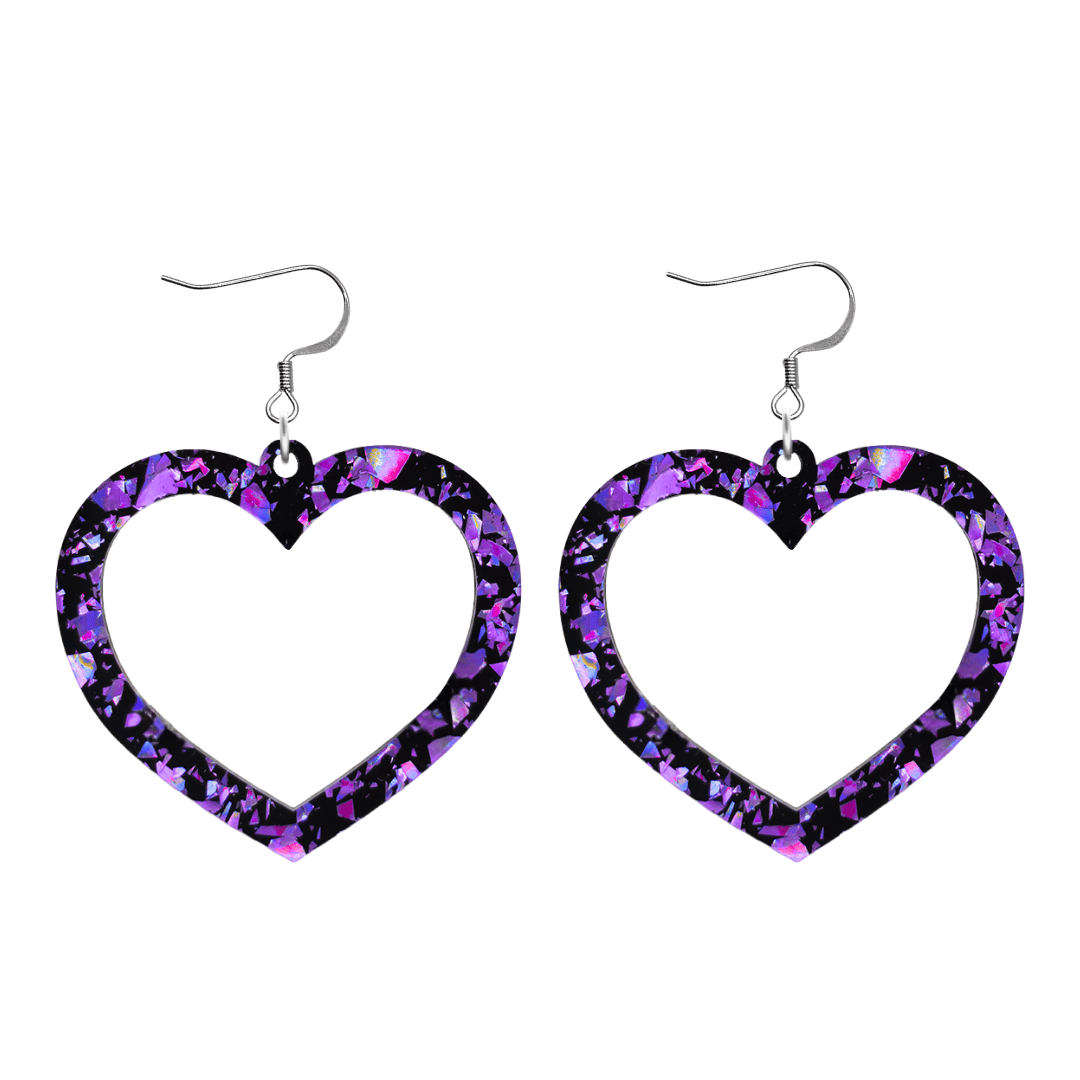 haus of dizzy signature barbie heart design with purple reflective chunky glitter speckled design size large with hooks no heat tops