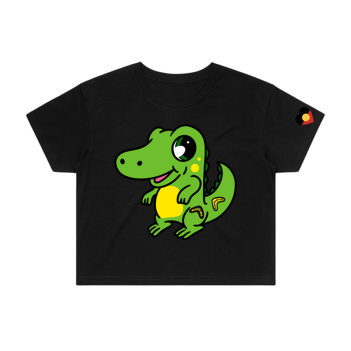 Black crop t-shirt with a green croc, Iluka, on front on a white background