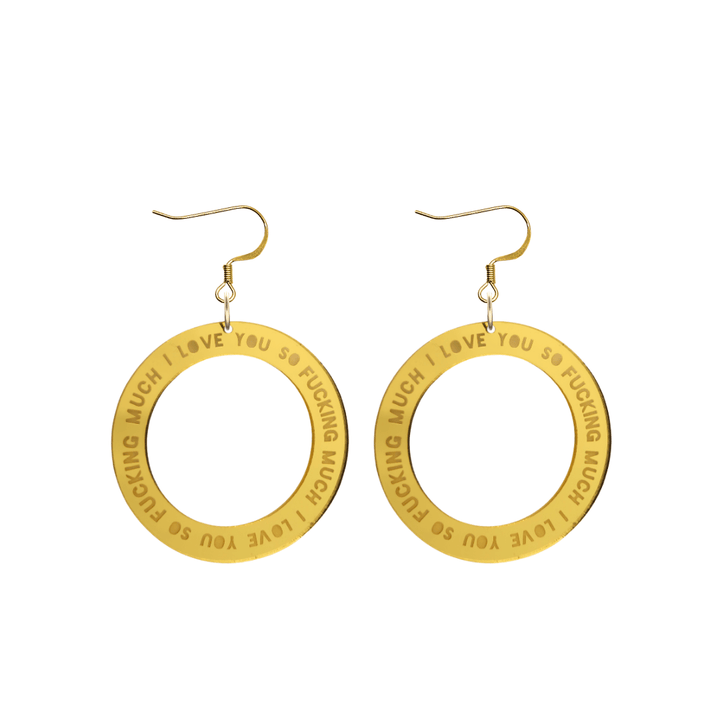 haus of dizzy gold mirror acrylic hoop earrings with 'i love you so fuckign much' text engraved around hoop size small with hooks no stud tops