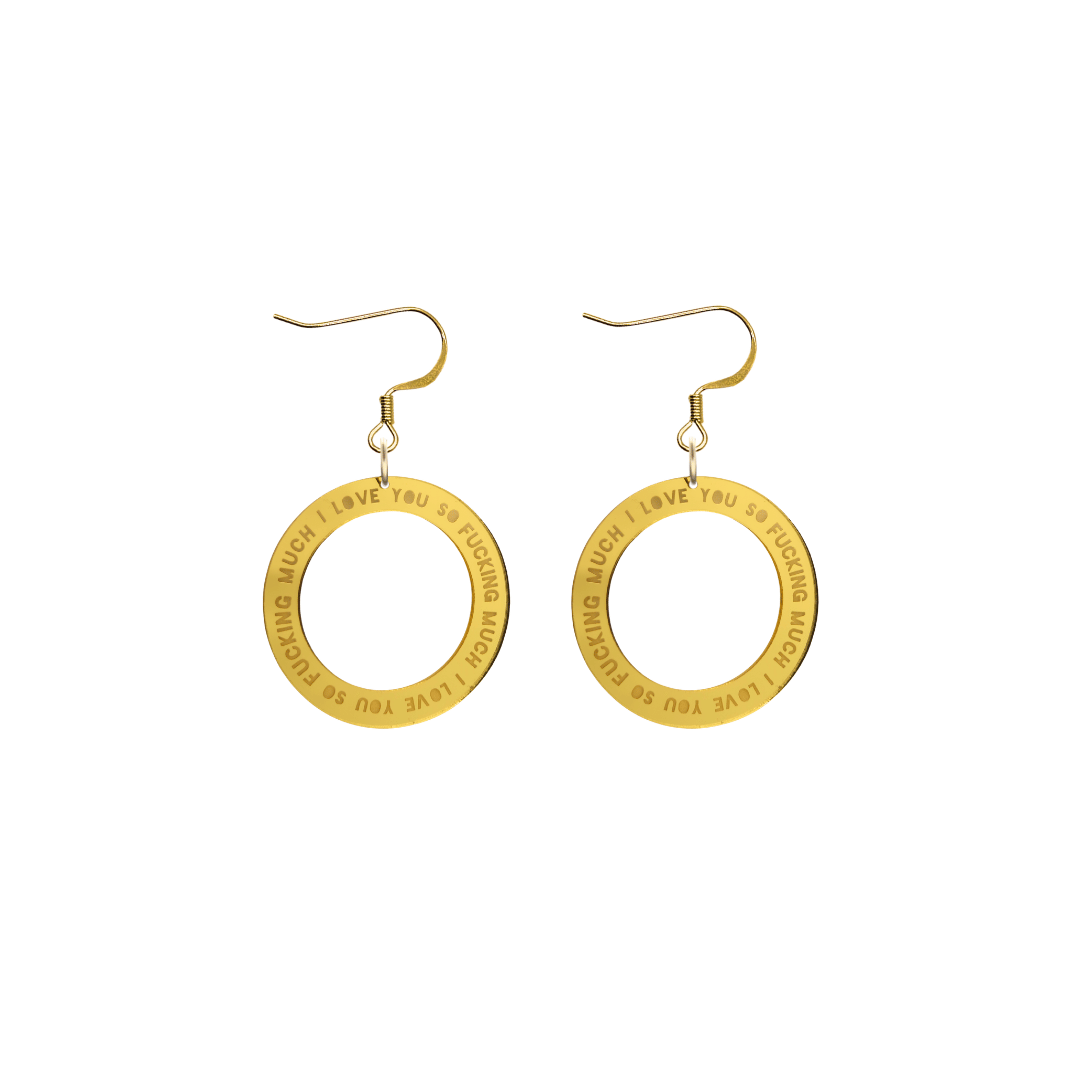 haus of dizzy gold mirror acrylic hoop earrings with 'i love you so fuckign much' text engraved around hoop size extra small with hooks no stud tops