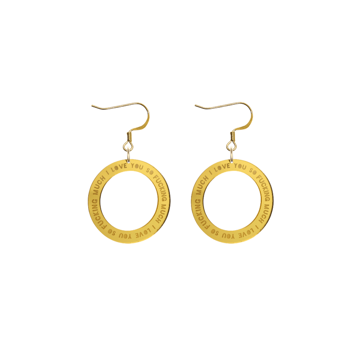 haus of dizzy gold mirror acrylic hoop earrings with 'i love you so fuckign much' text engraved around hoop size extra small with hooks no stud tops