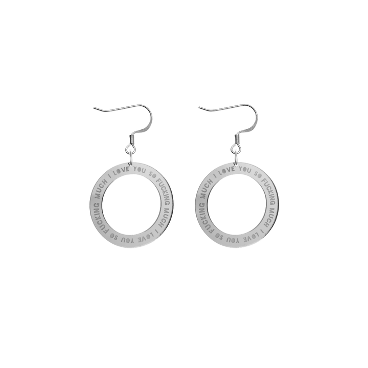 haus of dizzy silver mirror acrylic hoop earrings with 'i love you so fuckign much' text engraved around hoop size extra small with hooks no stud tops