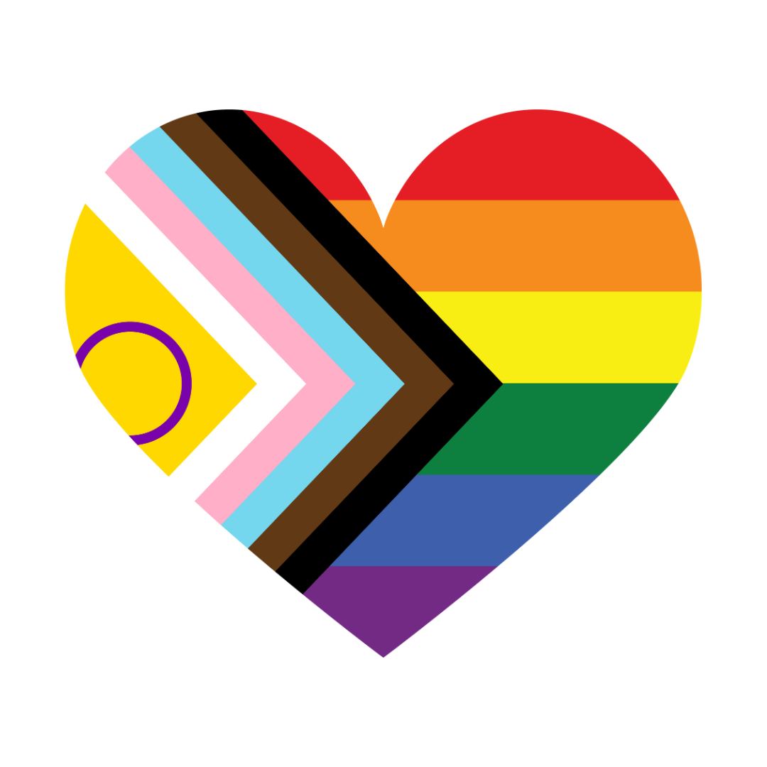 An image of Haus of Dizzy's inclusive Rainbow pride sticker. It has all the colours of the rainbow with the intersex flag on the left hand side, surrounded by white, pink, blue, brown and black triangles, which signal forward progress.