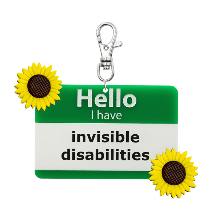 haus of dizzy green and white lanyard tag keychain with 3D sunflowers with text that reads hello i have invisible disabilities size large plural