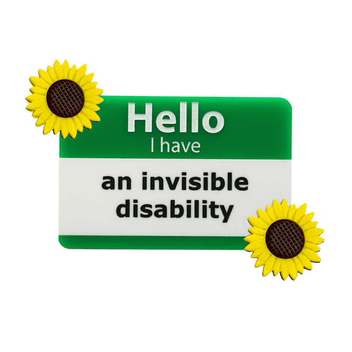 haus of dizzy green and white name badge with yellow sunflowers, featuring text 'Hello I have an invisible disability' size large singular