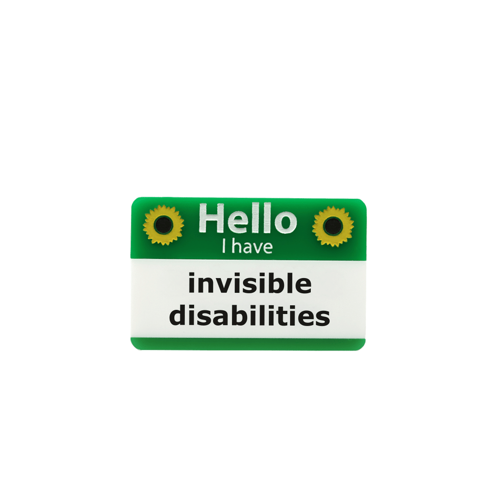 haus of dizzy green and white name badge with yellow sunflowers, featuring text 'Hello I have invisible disabilities' size small plural