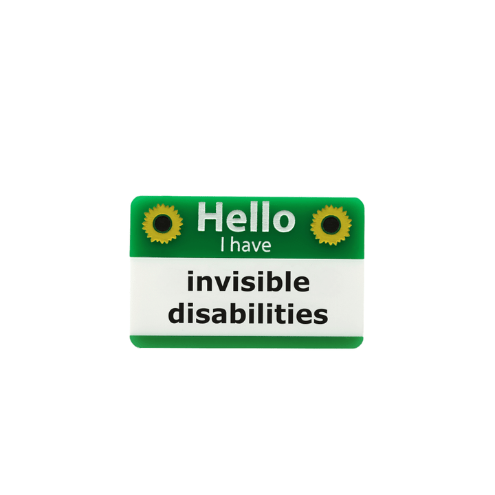 haus of dizzy green and white name badge with yellow sunflowers, featuring text 'Hello I have invisible disabilities' size small plural