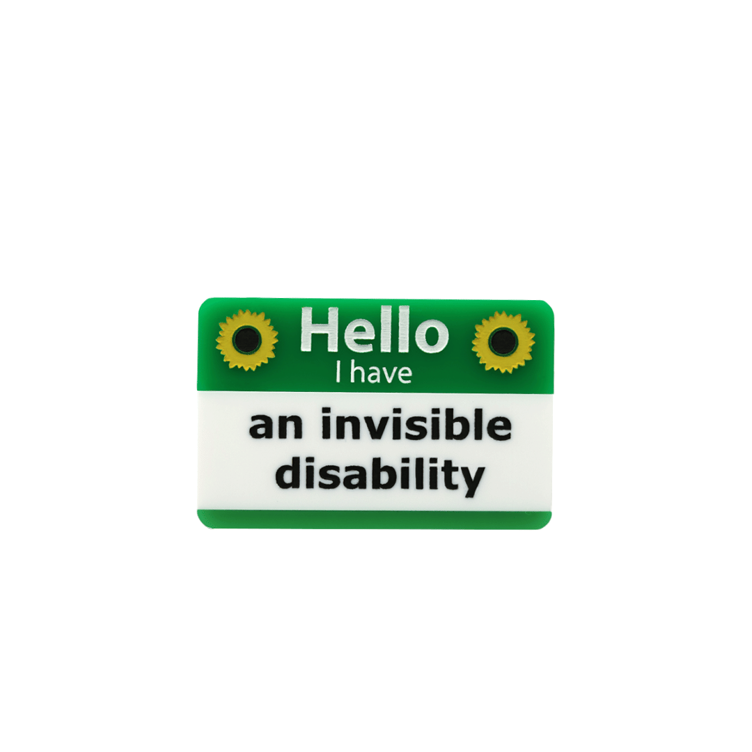haus of dizzy green and white name badge with yellow sunflowers, featuring text 'Hello I have an invisible disability' size small singular