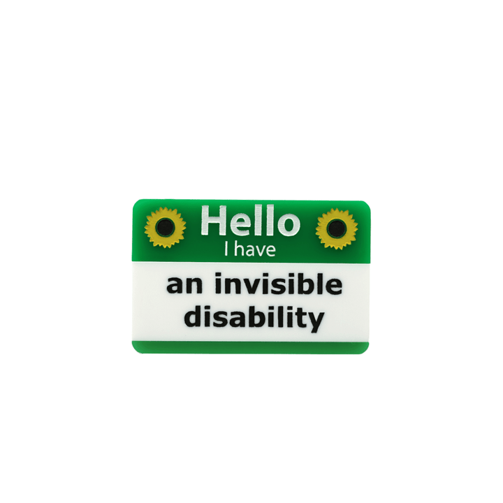 haus of dizzy green and white name badge with yellow sunflowers, featuring text 'Hello I have an invisible disability' size small singular