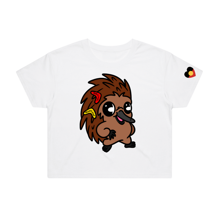 White crop t-shirt with a cartoon echidna, Jarrah, on front. the t-shirt is on a white background