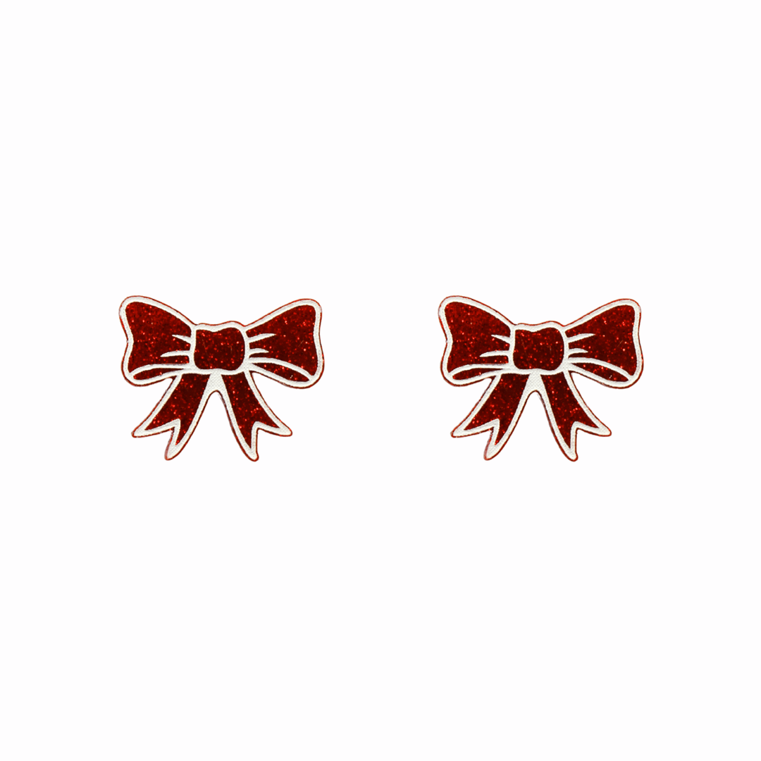 haus of dizzy jolly bow studs red glitter white hand painted detailing