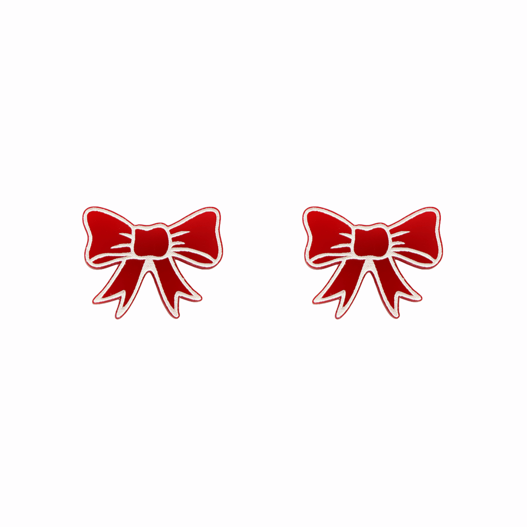haus of dizzy jolly bow studs red gloss white hand painted detailing