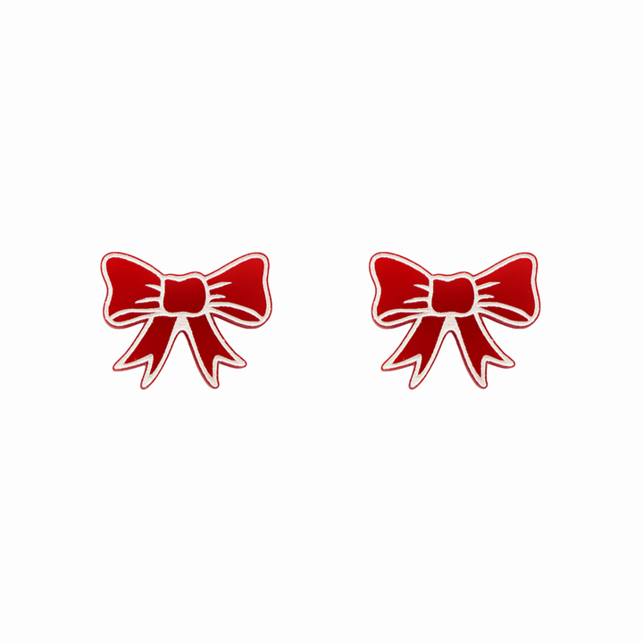 haus of dizzy jolly bow studs red gloss white hand painted detailing